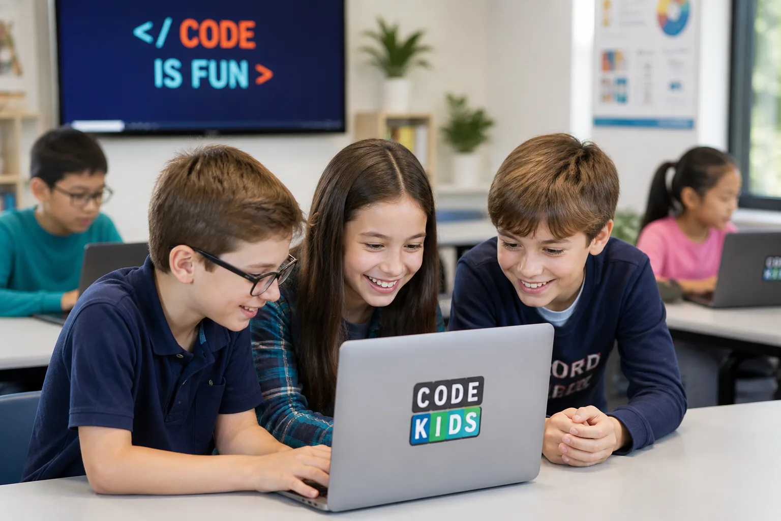 Three primary-school students huddled around a laptop together